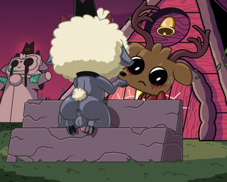 anthro anus butt caught collar duo genitals kneeling male male/male nude penis presenting presenting_hindquarters short_stack fennespresso cult_of_the_lamb massive_monster_(studio) follower_(cult_of_the_lamb) lamb_(cult_of_the_lamb) bovid caprine deer mammal sheep absurd_res hi_res