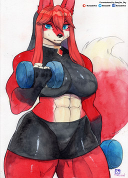 abs anthro athletic athletic_female big_breasts blue_eyes bodily_fluids breasts clothed clothing dumbbell exercise female fur hair midriff muscular muscular_anthro muscular_female red_body red_fur red_hair simple_background solo sweat weightlifting weights white_background workout murazaki sawyer_(end_of_et3rnity) canid canine canis mammal wolf absurd_res hi_res painting_(artwork) traditional_media_(artwork) traditional_painting_(artwork) traditional_watercolor_(artwork) watercolor_(artwork)