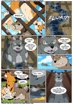 belly blue_body brown_body brown_fur dialogue female feral fur grey_body grey_fur group male orange_body orange_fur outside overweight speech_bubble text fidchellvore aspen_(fidchellvore) davy_(fidchellvore) michelle_(fidchellvore) sheila_(fidchellvore) canid canine canis domestic_cat felid feline felis fox mammal reptile scalie snake wolf 2025 comic english_text
