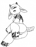 1_eye anthro anus backsack balls bell bell_collar black_and_white bottomless bovid butt caprine clothed clothing collar crop_top goat hooves horn kigoh-neko looking_at_viewer looking_back lying male mammal medama_yagi monochrome on_side perineum shirt solo topwear