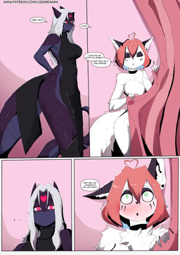 anthro big_breasts breasts clothed clothing covering covering_crotch dialogue dress duo female female/female fur glowing glowing_eyes green_eyes hair nipple_piercing nipples nude piercing red_eyes simple_background size_difference tall teeth text white_body white_fur white_hair lizzard_sama emily_(lizzard_sama) lizzy_(lizzard_sama) arctic_fox canid canine fox komodo_dragon lizard mammal monitor_lizard reptile scalie true_fox absurd_res comic english_text hi_res url