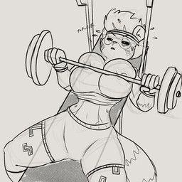 anthro athletic_wear barbell big_breasts black_sclera bodily_fluids bottomwear breast_squish breasts clothing crop_top exercise exposed_breasts female gym_bottomwear gym_shorts nipples shirt shorts solo squish straining sweat sweatband topwear wardrobe_malfunction weightlifting weights workout wristband squealydealy tetris emmy_dook domestic_ferret mammal mustelid musteline true_musteline weasel 1:1 monochrome sketch