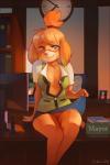 absurd_res animal_crossing anthro barely_visible_genitalia barely_visible_pussy biped blush bottomwear breasts canid canine canis clothed clothing clothing_lift digital_media_(artwork) domestic_dog eyewear female flashing genitals glasses hi_res isabelle_(animal_crossing) looking_at_viewer mammal nintendo no_underwear office pussy shaded shih_tzu sitting skirt skirt_lift smile solo sy_noon toy_dog