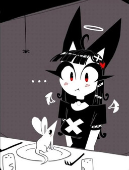 anthro aureola black_body black_fur blush collar cutlery dining feathered_wings feathers female feral fork fur heart_symbol kitchen_utensils male plate predator/prey red_eyes simple_background tools vore_implied waiting wings andaerz animal_humanoid arachnid arthropod cat_humanoid felid felid_humanoid feline feline_humanoid humanoid mammal mammal_humanoid rodent spider