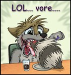 almost_fully_inside anthro blood bodily_fluids canid canine canis cerberus_(tirrel) cutlery dislocation fork gore green_eyes humor kitchen_utensils male male_pred mammal nosebleed partially_inside procyonid raccoon teeth text tirrel tongue tools vore wolf