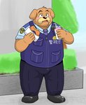 anthro belly blush bodily_fluids bottomwear clothing dessert doughnut food male outside overweight overweight_anthro overweight_male pants pastry police police_officer_eating_donut police_uniform shirt solo sweat text text_on_clothing text_on_topwear text_on_vest topwear uniform vest bullbluedog canid canine canis domestic_dog mammal 2019 absurd_res hi_res japanese_text