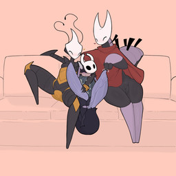 2_penises alternate_form anthro arthropod_abdomen arthropod_abdomen_genitalia arthropod_abdomen_penis big_penis blush clothing cosplay erection eyes_closed female furniture genitals group hand_on_penis huge_penis imminent_sex larger_female male male/female mask multi_genitalia multi_penis penis sitting size_difference small_but_hung smaller_male sofa trio vulva defunctumbra hollow_knight:_silksong hollow_knight_(franchise) team_cherry honey_(honeyant_queen) hornet_(hollow_knight) orbie_(sodabug) shakra_(hollow_knight:_silksong) the_knight_(hollow_knight) umbra_(defunctumbra) arthropod insect shelldrake 1:1 2025 absurd_res hi_res female_(lore)