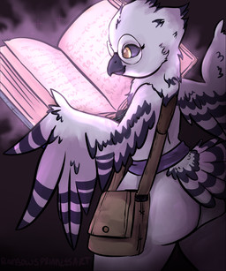 anthro backpack beak big_butt black_body black_feathers black_sclera book butt eyewear feathered_wings feathers female glasses magic sash smile solo thick_thighs white_body white_feathers wide_hips wings rainbowsprinklesart amelia_abernachy avian bird horned_owl owl snowy_owl true_owl 5:6 absurd_res hi_res signature