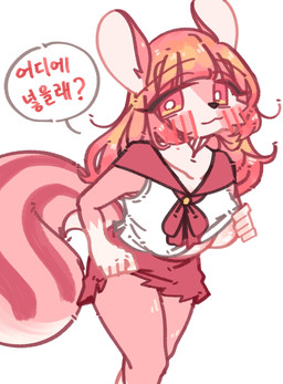 :3 anthro bangs black_nose blush bottomwear clothed clothing clothing_lift collarbone eyelashes female fur hair long_hair pink_body pink_fur pink_hair pupils red_bottomwear red_clothing red_skirt simple_background skirt skirt_lift solo speech_bubble tail text topwear topwear_lift white_background white_clothing white_pupils white_topwear kgs701 mammal rodent sciurid tree_squirrel colored digital_drawing_(artwork) digital_media_(artwork) hi_res korean_text translated
