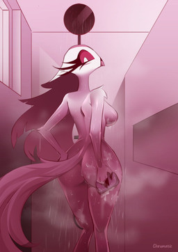 anthro bath bathing breasts butt female fur hair long_hair looking_back pink_eyes shower showering soap solo standing white_body white_fur white_hair chromaticmood helluva_boss stella_(helluva_boss) anatid anseriform anserinae avian avian_demon bird demon swan hi_res