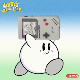 black_sclera blue_background feet green_background grey_feet holding_game_boy holding_object logo male simple_background smile solo three-quarter_view white_body white_eyes superbage game_boy game_boy_family kirby_(series) nintendo kirby waddling_head 1:1 2023 cel_shading colored digital_media_(artwork) hi_res shaded