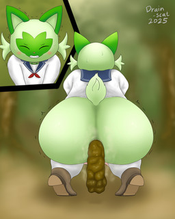 anthro anus big_butt bottomless butt clothed clothing eyes_closed feces feces_in_ass female footwear forest fur green_body green_fur multicolored_body outside plant pokemorph pooping pooping_on_floor rear_view school_uniform shoes solo teeth tree two_tone_body uniform young young_female drain_scat nintendo pokemon domestic_cat felid feline felis generation_9_pokemon mammal pokemon_(species) sprigatito 4:5 absurd_res hi_res