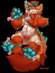 4_fingers 4_toes ambiguous/ambiguous ambiguous_gender annoyed anthro belly_rub black_background blue_eyes blue_horn blue_nose blue_pawpads claws disembodied_hand fangs feet fingers foot_grab fur group hands_everywhere hi_res hindpaw horn kaiju kanouky_(character) kaomoroart mammal nails orange_body orange_fur pawpads paws pubes red_body red_fur simple_background tan_body tan_fur teeth toes touching_feet touching_stomach tusks
