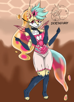 4_arms anthro arm_tuft blue_hair cartoon_freckles elbow_tuft eyelashes facial_tuft female freckled_face freckles fur hair long_eyelashes multi_arm multi_limb red_eyes shoulder_tuft solo tear_trough tuft yellow_body yellow_fur allartskye hellaverse helluva_boss queen_bee-lzebub_(helluva_boss) canid canine fox mammal hi_res
