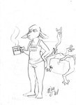 4_toes 5_fingers 5_toes anthro balls bed beverage big_ears big_penis bottomless catatonic claws clothed clothing coffee coffee_mug container cup duo eyebrows feet female fingers furniture genitals giving_up_the_ghost hand_on_hip in_thought leaking_pussy looking_away male male/female mangled mug nude penis pussy shirt shirt_only simple_background sleeveless_shirt steam toes topwear topwear_only white_background mjw_darkmode kiva_(mjw_darkmode) bovid canid canine caprine hybrid mammal sheep 2024 absurd_res hi_res monochrome signature sketch traditional_media_(artwork)