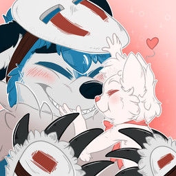 ambiguous_gender anthro black_claws black_nose blue_body blue_fur blue_hair blush claws duo eyes_closed fur grey_body grey_fur grin hair happy heart_symbol hug hugging_another mask_on_head neck_bow outline pink_background pink_blush pink_bow pink_nose short_hair simple_background size_difference smile snout sparkles white_body white_fur white_hair white_outline crownedvictory canid canine domestic_cat felid feline felis mammal 2015 digital_drawing_(artwork) digital_media_(artwork) shaded