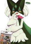 ambiguous_gender anthro blush fur green_body green_fur looking_at_viewer open_mouth red_eyes simple_background solo suru56nee nintendo pokemon generation_9_pokemon meowscarada pokemon_(species) hi_res