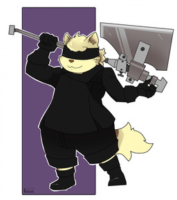 anthro axe black_clothing blindfold clothing fur gloves handwear male slightly_chubby smile solo yellow_body yellow_fur young na-nu-na-12 cyberconnect2 fuga:_melodies_of_steel little_tail_bronx boron_brioche domestic_cat felid feline felineko felis mammal hi_res