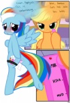 2012 absurd_res applejack_(mlp) blonde_hair blue_body blue_feathers blue_fur blush clothing comic cowboy_hat cutie_mark dialogue duo earth_pony english_text equid equine feathered_wings feathers female female/female feral friendship_is_magic fur hair hasbro hat headgear headwear hi_res horse looking_at_viewer looking_back mammal multicolored_hair multicolored_tail my_little_pony mythological_creature mythological_equine mythology nude pegasus pony purple_eyes pyruvate rainbow_dash_(mlp) rainbow_hair rainbow_tail sex_toy simple_background tail text vibrator white_background wings