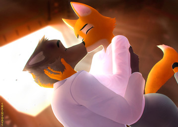 5_fingers anthro big_butt bottomwear butt canon_couple canonical_scene clothing duo eyebrow_piercing eyes_closed facial_piercing female fingers first_kiss fur grey_body grey_bottomwear grey_clothing grey_fur grey_pants hand_on_back hand_on_head hug intimate jacket kiss_on_lips kissing light light_beam loving_embrace male male/female orange_body pants piercing raised_leg romantic romantic_ambiance romantic_couple space space_station sunbeam sunlight topwear white_blazer white_clothing white_jacket white_topwear wide_hips zero_gravity 1rainy_day1 dreamworks the_bad_guys diane_foxington mr._wolf_(the_bad_guys) canid canine canis fox mammal red_fox true_fox wolf absurd_res hi_res