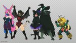 anthro female group holidays lui-ra halloween bianca_(lui-ra) arthropod avian bee bird corvid corvus_(genus) crow domestic_cat felid feline felis humanoid hymenopteran insect lagomorph leporid mammal oscine passerine rabbit hi_res