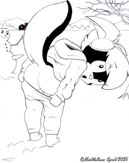 anthro butt female showing_armpit snow solo young young_female robbiewallace sabrina_online tabitha_(sabrina_online) mammal mephitid skunk hi_res line_art