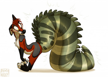 after_transformation ambiguous_gender anthro balancing_on_tail big_tail black_ears black_nose fur green_tail grey_body grey_fur growth huge_tail hyper hyper_tail looking_at_self multicolored_body multicolored_fur orange_eyes red_body red_fur simple_background solo species_transformation standing tail tail_growth transformation white_background white_body white_fur remywolf remy_(remywolf) canid canine canis crocodile crocodilian hybrid mammal reptile scalie wolf signature