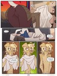 3_fingers anthro blonde_hair brown_nose clothed clothing detailed_background dialogue duo female fingers fur hair inside male male/female speech_bubble tail teeth text white_body white_hair yellow_body yellow_fur luckyonn canid canine canis domestic_dog mammal absurd_res comic digital_drawing_(artwork) digital_media_(artwork) english_text hi_res huge_filesize