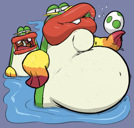 ambiguous_gender belly big_belly egg feral feral_pred feral_prey green_body grey_background group lips neck_bulge oral_vore red_lips sea simple_background tan_body thick_lips vore water white_belly yellow_fin yoshi_egg ghostlymostly mario_bros nintendo lunge_fish yoshi 2026 hi_res