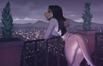 anthro balcony breasts butt city cityscape detailed_background eyebrow_piercing facial_piercing female hair lip_piercing non-mammal_breasts nude outside piercing solo standing tail piranhapettingzoo fish marine shark 2d_animation animated frame_by_frame loop no_sound short_playtime webm