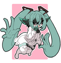 big_ears black_body black_sclera blush blush_lines blush_stickers clothing cosplay eyebrows eyelashes female front_view fusion green_hair green_markings grey_body hair humanoid_pointy_ears legwear looking_at_viewer markings open_mouth open_smile pink_background pointy_ears prehensile_hair raised_eyebrow shortstack simple_background smile solo thick_thighs thigh_highs topwear twintails_(hairstyle) white_background white_clothing white_eyes white_legwear white_thigh_highs white_topwear wide_hips umbrant mimukauwa_nice_try nintendo nunununununununununununununununu the_legend_of_zelda twilight_princess vocaloid yamaha_corporation hatsune_miku midna humanoid imp twili absurd_res hi_res
