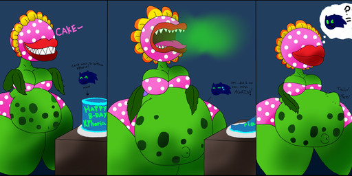 3_panel_comic ambiguous_gender ambiguous_prey belly big_belly big_breasts birthday bra breasts breath burping cake clothing dessert eyeless fangs female food green_body huge_hips huge_thighs inside_stomach leaf leaf_arms lips lipstick makeup male male_prey markings navel oral_vore outie_navel overweight overweight_female petals pink_body plant plant_pred spots spotted_body struggling struggling_prey teeth text thick_lips thick_thighs underwear unseen_prey vore wide_hips mikefrightmare mario_bros nintendo fan_character phoebe_piranha elemental_creature elemental_humanoid flora_fauna humanoid piranha_plant plant_humanoid 2022 comic english_text hi_res