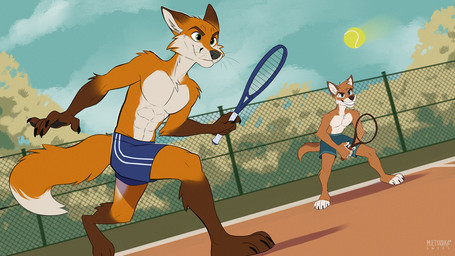 5_fingers abs anthro ball barefoot black_claws black_nose blue_bottomwear blue_clothing blue_shorts bottomwear brown_body brown_eyebrows brown_fur charlie_richardson_(multyashka-sweet) claws clothed clothing doubles_tennis duo eyebrows feet fence finger_claws fingers fluffy fluffy_tail fur head_tuft looking_away male male_anthro multicolored_arms multicolored_body multicolored_face multicolored_fur multicolored_tail outside playing_tennis shorts shorts_only slim_anthro slim_male sport standing tail teeth_showing tennis tennis_ball tennis_court tennis_racket toe_claws topless topless_anthro topless_male tuft whiskers white_body white_fur multyashka-sweet wicke_werner canid canine canis dingo fox mammal red_fox true_fox 16:9 2024 widescreen
