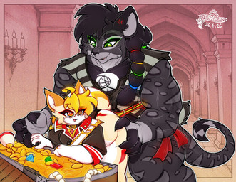 anthro black_body blonde_hair blush clothed clothing duo femboy fur gold_(metal) hair leopard_spots male male/male open_mouth red_eyes sex simple_background smile spots tail tail_tuft text treasure treasure_chest tuft tasticstarlight iagu_viron talia_(tasticstarlight) domestic_cat felid feline felis jaguar mammal pantherine 2026 artist_name dated digital_media_(artwork) hi_res shaded