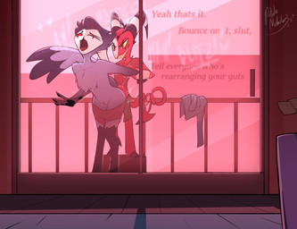 4_eyes 4_fingers against_door against_surface anal anal_penetration anthro anthro_penetrated arm_pull balcony beak bent_over biped black_beak black_body black_eyebrows black_feathers black_hooves black_horn bottomwear bottomwear_down building chest_tuft city clothed clothed_anthro clothed_humanoid clothed_male clothed_sex clothing color_coded_text dialogue dirty_talk door duo empty_eyes exhibitionism eyebrows feathers fingers from_behind_position glass_door grey_body grey_bottomwear grey_clothing grey_feathers grey_shirt grey_shorts grey_topwear grin heart_symbol hooves horn humanoid_on_anthro humanoid_penetrating humanoid_penetrating_anthro inside larger_anthro larger_penetrated long_sleeves male male/male male_anthro male_humanoid male_penetrated male_penetrating male_penetrating_male moan motion_lines multi_eye multicolored_body multicolored_feathers multicolored_horn multicolored_skin one_eye_closed open_mouth outside_sex partially_clothed penetration penile penile_penetration penis_in_ass post-it_note prison_guard_position pupils railing red_body red_bottomwear red_clothing red_eyes red_shirt red_shorts red_skin red_tail red_text red_tongue red_topwear sex shadow sharp_teeth shirt short_sleeves shorts shorts_down size_difference sliding_door slit_pupils smaller_humanoid smile spade_tail standing striped_horn stripes tail tail_feathers talking_to_another talking_to_partner tan_teeth teeth text thrusting tongue topless topless_anthro topless_male topwear tuft two_tone_body two_tone_feathers two_tone_horn two_tone_skin two_tone_tail white_body white_horn white_skin white_tail white_text wrist_grab yellow_sclera potatonebula hellaverse helluva_boss blitzo_(helluva_boss) stolas_(helluva_boss) avian avian_demon bird demon demon_humanoid humanoid imp owl 2025 signature