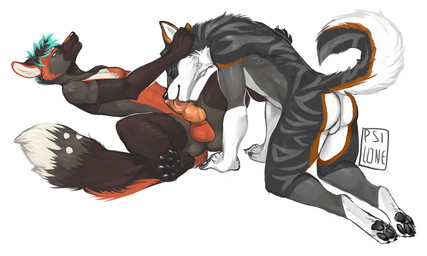 all_fours animal_genitalia animal_penis anthro athletic athletic_anthro athletic_male balls black_body black_fur butt canine_genitalia canine_penis countershade_balls countershade_butt countershade_crotch countershade_face countershade_feet countershade_genitalia countershade_neck countershade_tail countershade_torso countershading curled_tail dipstick_tail duo erection eyes_closed feet fur genitals grey_body grey_fur hair knot knotted_penis licking lying male male/male male_anthro markings nude nude_anthro nude_male on_back oral orange_penis pawpads penile penis penis_lick red_body red_fur sex sheath simple_background spread_legs spreading striped_body striped_fur stripes tail tail_markings teal_eyes teal_hair tongue white_background white_body white_fur i-psilone rykerwolf valac canid canine canis cross_fox fox mammal red_fox true_fox wolf 2017 5:3