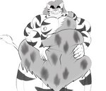 anthro belly big_belly hand_on_belly male musclegut muscular muscular_male nipples obese obese_male overweight overweight_male pecs smile solo tusks dire_husky yu_yu_hakusho byakko_(yu_yu_hakusho) demon felid mammal pantherine tiger monochrome