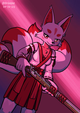 5_fingers anthro asian_clothing biped bottomwear breasts chest_tuft cleavage clothed clothed_anthro clothed_female clothing collarbone dipstick_tail east_asian_clothing facial_markings female fingers flintlock front_view fur gradient_background gun hakama head_markings holding_gun holding_object holding_ranged_weapon holding_weapon japanese_clothing magenta_background markings miko_outfit multi_tail multicolored_body multicolored_fur musket purple_background ranged_weapon red_body red_clothing red_fur red_markings religion shrine_maiden simple_background snout solo standing tail tail_markings tuft weapon white_body white_clothing white_fur frigadae asian_mythology east_asian_mythology japanese_mythology mythology shinto canid canine fox fox_spirit mammal 2023 digital_media_(artwork) hi_res