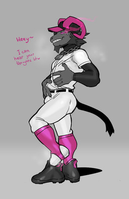 2_horns anthro athletic athletic_anthro athletic_male black_body black_fur chain_collar collar fur glowing glowing_eyes grey_body grey_fur horn looking_at_viewer male pink_horn solo talking_to_viewer text grumpy_gray_guy bovid caprine goat mammal english_text hi_res