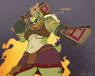 animal_helmet anthro armor big_breasts breasts cape clothing dual_wielding dual_wielding_melee_weapons female gloves green_body green_scales handwear holding_object holding_weapon jewelry macuahuitl melee_weapon non-mammal_breasts pendant scales solo tassets under_boob weapon goolee jagex old_school_runescape runescape reptile scalie tortoise turtle 2025 5:4 sketch
