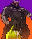 abs anthro areola balls barazoku biceps big_balls big_muscles big_pecs big_penis bodily_fluids bone cape clothing container cum cum_in_container cum_on_balls cum_on_penis cum_on_self erection for_a_head genital_fluids genitals glans glowing glowing_eyes hand_on_chest hand_on_pecs holding_container holding_object holidays hood horn huge_balls huge_muscles huge_penis humanoid_genitalia humanoid_penis looking_at_viewer low-angle_view male markings muscular muscular_anthro muscular_male nails navel nipples nude pec_grab pecs penis purple_background red_eyes saggy_balls simple_background skull skull_head solo standing uneven_balls vein crescent_yeen halloween bovid bovine demon mammal 2024 hi_res