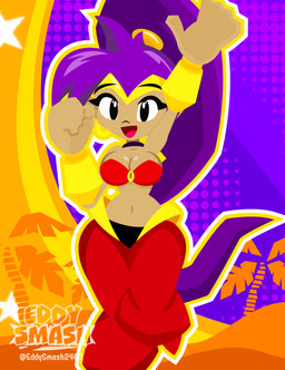 eyebrows female fist hair logo male open_mouth purple_hair raised_eyebrows solo text eddysmash2407 shantae_(series) wayforward shantae genie 2026 artist_logo artist_name digital_drawing_(artwork) digital_media_(artwork) hi_res tagme