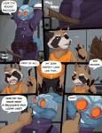 anthro blackjack_o'hare blue_body blue_fur blush brown_body brown_fur clothed clothing comic dialogue drunk duo english_text fur guardians_of_the_galaxy hands_behind_head hi_res humor lagomorph leporid male mammal marvel procyonid rabbit raccoon rocket_raccoon seth-iova substance_intoxication suggestive text