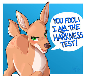 blue_background border brown_body brown_fur dark_humor dialogue eyebrows female feral fur green_eyes humor inner_ear_fluff looking_at_viewer raised_eyebrow simple_background smile solo speech_bubble tail talking_feral talking_to_viewer text the_truth tuft white_border ajin the_harkness_test_(meme) deer mammal 2026 dated english_text hi_res lol_comments meme reaction_image signature
