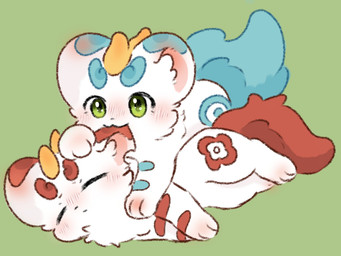 ambiguous_gender bite blue_body blue_fur blush duo ear_bite eyes_closed feral fluffy fluffy_tail fur fur_markings green_eyes lying markings mouth_closed multicolored_body multicolored_fur on_another on_side paws red_body red_fur round_ears simple_background tail two_tone_body two_tone_fur white_body white_fur jixiang25 asian_mythology chinese_mythology east_asian_mythology fabulous_beasts fenz_(studio) mythology bixie_(fabulous_beasts) tianlu_(fabulous_beasts) pixiu 4:3 colored hi_res