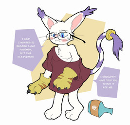 3_fingers 3_toes ambiguous_gender blue_eyes blush blush_lines bodily_fluids clothing empty_bottle eyewear fangs feet fingers fur fur_tuft glasses oversized_clothing simple_background solo sweat sweatdrop teeth toes transformation tuft wearing_glasses whiskers white_body white_fur oshoku_momiji bandai_namco digimon digimon_(species) gatomon hi_res