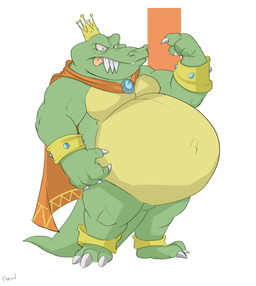 anthro belly big_belly bracelet cape claws clothing crown fangs gesture gold_(metal) gold_bracelet gold_jewelry green_body green_skin hand_gesture headgear jewelry looking_at_viewer male musclegut muscular muscular_anthro muscular_male navel outie_navel overweight overweight_anthro overweight_male pecs plantigrade pointing pointing_at_self sharp_teeth simple_background solo tail teeth tongue tongue_out yellow_body yellow_skin canson donkey_kong_(series) nintendo king_k._rool crocodile crocodilian kremling reptile scalie 2022 absurd_res digital_media_(artwork) hi_res