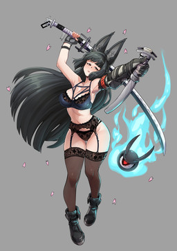ambiguous_gender animal_ears big_breasts big_ears black_body black_boots black_clothing black_footwear black_fur black_hair blue_bra blue_clothing blue_underwear blush boots bra breasts cleavage clothed clothing duo eyelashes female fingerless_gloves footwear front_view fur genitals gloves grey_background grey_clothing grey_gloves grey_handwear hair handwear holding_katana holding_melee_weapon holding_object holding_sword holding_weapon inner_ear_fluff katana legwear lingerie long_hair looking_at_viewer melee_weapon panties petals pubes red_eyes shoes simple_background stockings sword tan_body tan_skin thick_thighs thigh_gap translucent translucent_clothing translucent_panties translucent_underwear tuft underwear vulva weapon wide_hips insouwu mihoyo zenless_zone_zero hoshimi_miyabi tailless_(zenless_zone_zero) animal_humanoid canid canid_humanoid canine canine_humanoid demon fox_humanoid humanoid mammal mammal_humanoid thiren absurd_res hi_res
