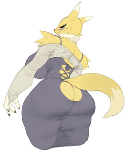 angry anthro arm_tuft big_breasts big_butt black_sclera blue_eyes blush breasts butt cheek_markings cheek_tuft clothing dipstick_ears dipstick_tail dress ear_markings eyelashes facial_markings facial_tuft female female_anthro fur furgonomics gloves_(marking) head_markings huge_breasts markings multicolored_body multicolored_ears multicolored_fur nails neck_tuft purple_body purple_fur rear_view sharp_nails shoulder_tuft side_boob small_waist solo tail tail_markings thick_thighs translucent translucent_clothing tuft white_body white_fur wide_hips yellow_body yellow_fur maotthat bandai_namco digimon canid canine digimon_(species) fox mammal renamon 2026 digital_drawing_(artwork) digital_media_(artwork) hi_res