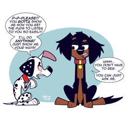 anxiety black_body black_fur black_nose black_spots bloodshot_eyes brown_body brown_chest brown_fur brown_paws collar duo female feral fur half-closed_eyes narrowed_eyes pink_inner_ear red_collar speech_bubble spots text toony white_body white_fur white_spots chelledoggo 101_dalmatian_street 101_dalmatians disney dylan_(101_dalmatians) juday_(cartooncross) canid canine canis dalmatian domestic_dog mammal 1:1 english_text hi_res